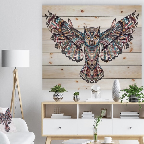 Designart 'Owl on the Grudge' Animals Painting Print on Natural Pine Wood - White