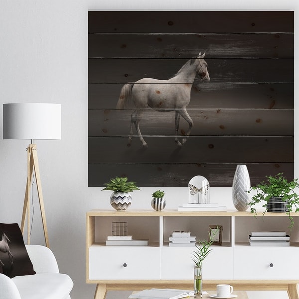 Designart 'Gray Horse' Farmhouse Animals Photographic Print on Natural Pine Wood - Black