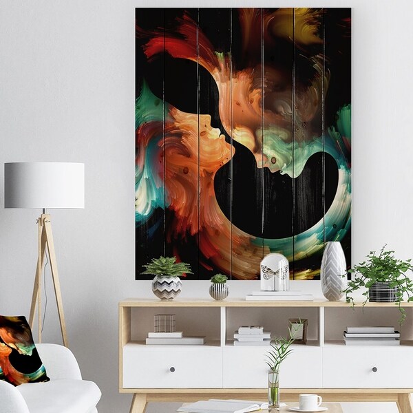 Designart 'Realms of Paint' Abstract People Print on Natural Pine Wood - Black