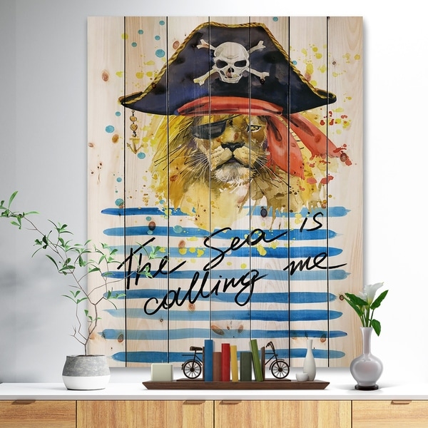 Designart 'Pirate Tiger in hat The Sea is Calling Me' Animals Sea & Shore Print on Natural Pine Wood - White