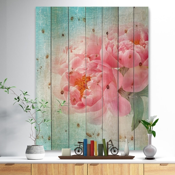 Designart 'Peony Flowers Merged to Blue' Floral Farmhouse Print on Natural Pine Wood - Blue