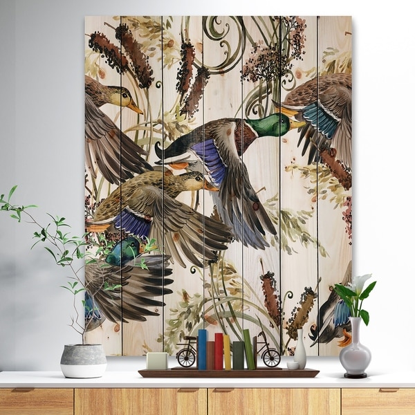 Designart 'Illustration of colored duck' Farmhouse Animal Painting Print on Natural Pine Wood - White