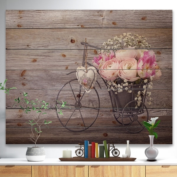 Designart 'Ranunculus Flowers in Bicycle Vase' Floral Farmhouse Print on Natural Pine Wood - Grey
