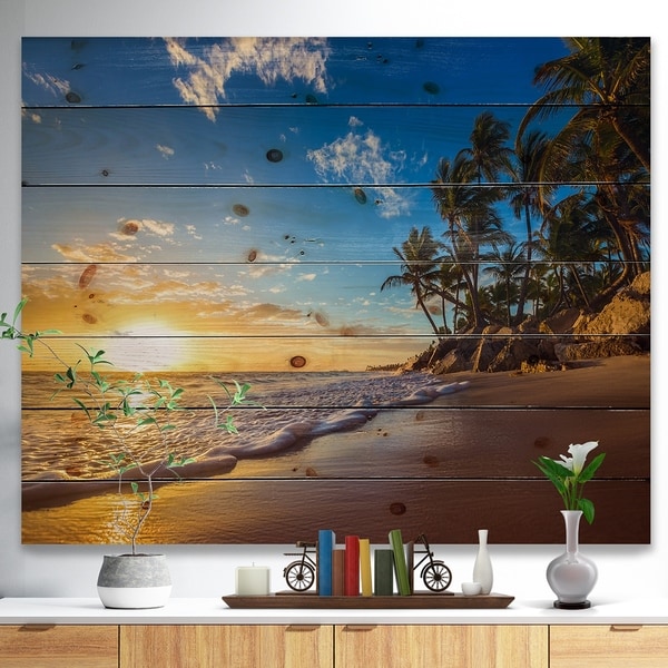 Designart 'Paradise Tropical Island Beach Sunrise' Seashore Print on Natural Pine Wood - Blue