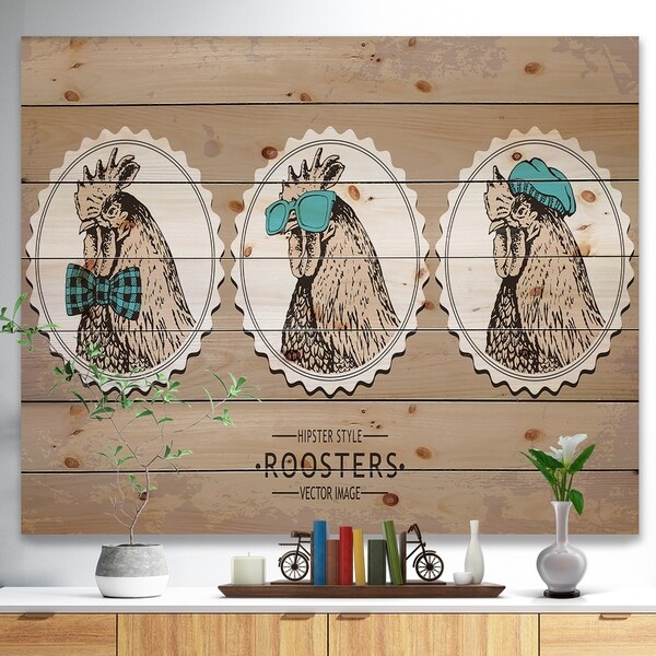 Designart 'Handdrawn vintage rooster hipster style' Farmhouse Animals of Painting Print on Natural Pine Wood - Brown