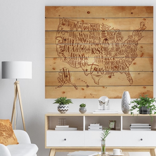 Designart 'Vintage United States Chalk Yellow Map' Maps Painting Print on Natural Pine Wood - Brown