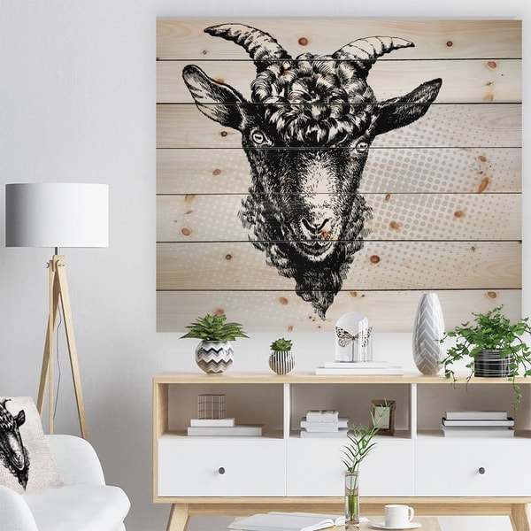 Designart 'Black Goat' Farmhouse Animal Painting Print on Natural Pine Wood - White