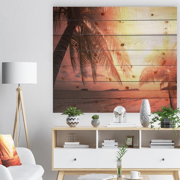 Designart 'Coconut in Golden Sunset' Landscapes Sea & Shore Photographic Print on Natural Pine Wood - Brown