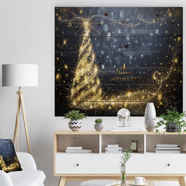 Designart 'Sparkling Shining Light Christmas Tree' Print on Natural Pine Wood - yellow & gold