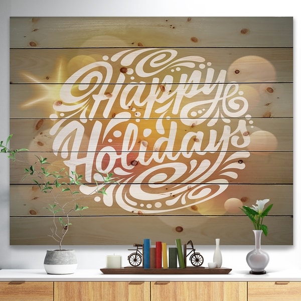 Designart 'Happy Holidays Christmas Tree Ball shaped' Print on Natural Pine Wood - White