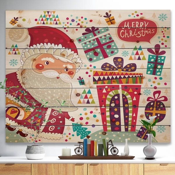 Designart 'Santa Claus with Christmas presents' Print on Natural Pine Wood - Red
