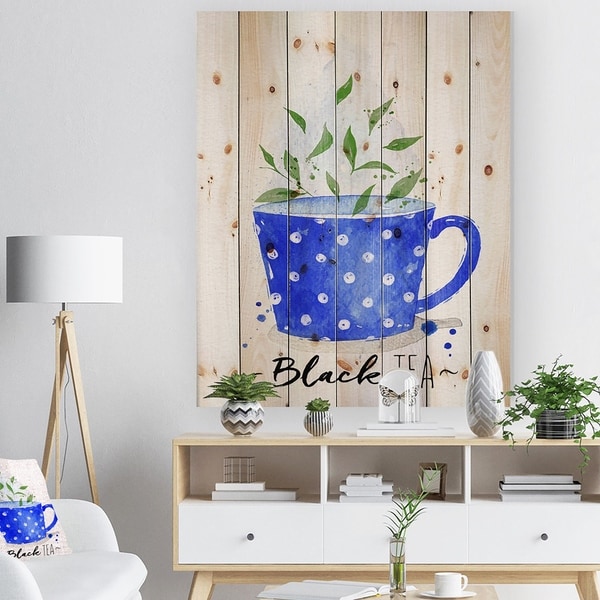 Designart 'Teacup black tea' Food Painting Print on Natural Pine Wood - Blue