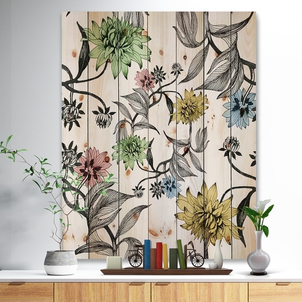 Designart 'Hand drawn summer flowers' Floral Painting Print on Natural Pine Wood - White