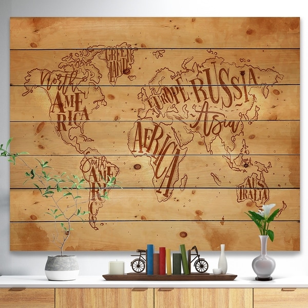 Designart 'Vintage Worldmap in Chalk Background' Maps Painting Print on Natural Pine Wood - Brown