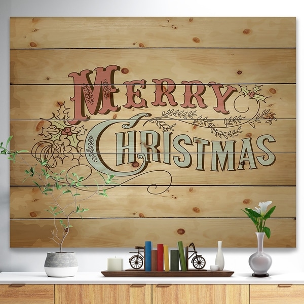 Designart 'Merry Christmas Vintage Wish in Western Font' Print on Natural Pine Wood - Red