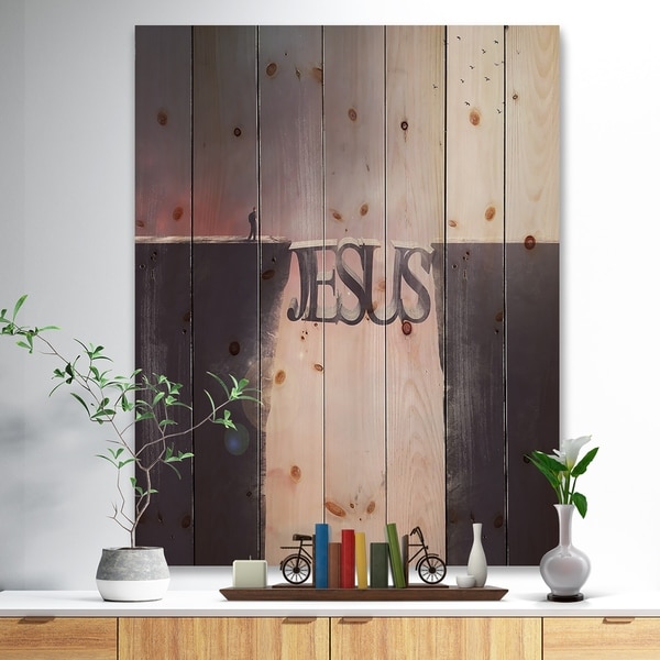 Designart 'Bridge the inscription Jesus' Landscapes Spiritual Religious Print on Natural Pine Wood - Black