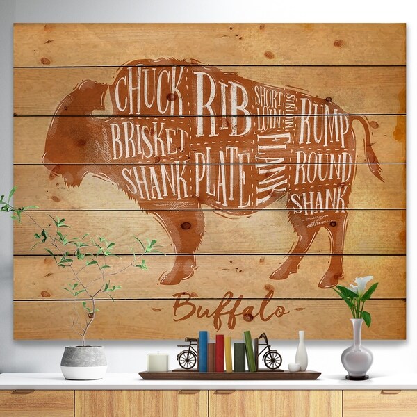Designart 'Buffalo cutting scheme craft' Farmhouse Animal Painting Print on Natural Pine Wood - Brown