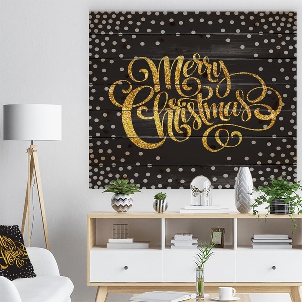 Designart 'Handwritten Merry Christmas wish with Polka Snow Flakes' Print on Natural Pine Wood - Black