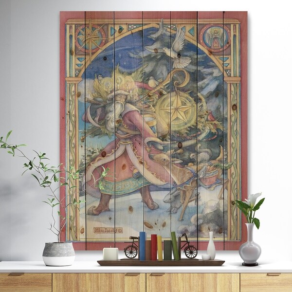 Designart 'Father Christmas with Christmas Star and Reindeer' Print on Natural Pine Wood - Red