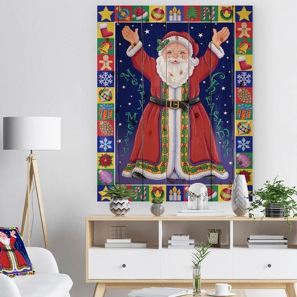 Designart 'Happy Santa Claus Christmas Wish' Print on Natural Pine Wood - Red