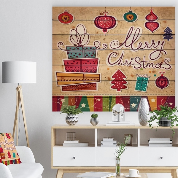 Designart 'Chrismas presents with christmas tree balls' Print on Natural Pine Wood - Red