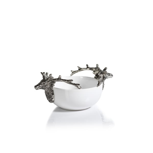 4.5" Tall Ceramic and Metal Small Decorative Bowl, Stagg Head Design
