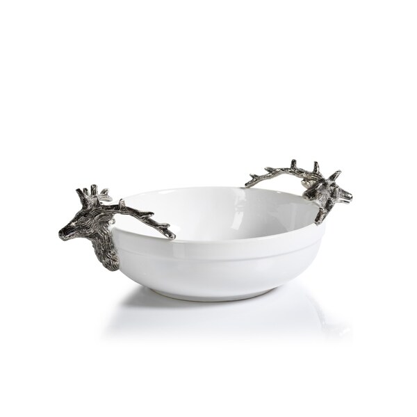 5" Tall Ceramic and Metal Medium Decorative Bowl, Stagg Head Design