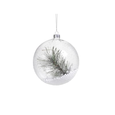 4.75" Tall Glass Beaded Round Christmas Ornament with Pine Needle, Clear (Set of 4)