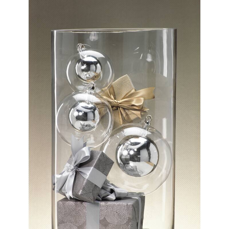 6" Tall Double Glass Christmas Ball Ornament, Large, Silver (Set of 4)