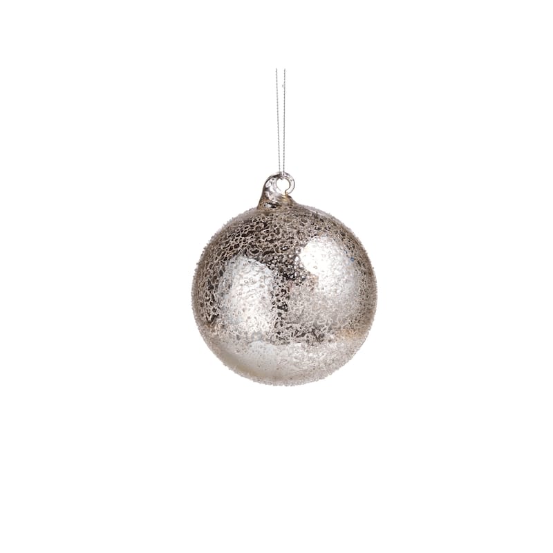 4" Tall Glass Antique Round Christmas Ornament, Silver (Set of 6)