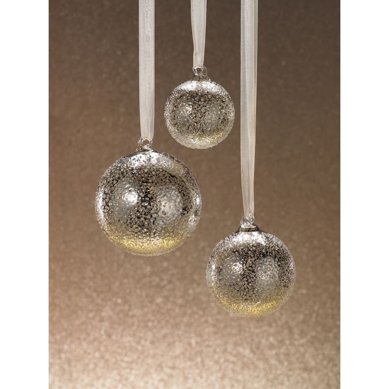 4" Tall Glass Antique Round Christmas Ornament, Silver (Set of 6)