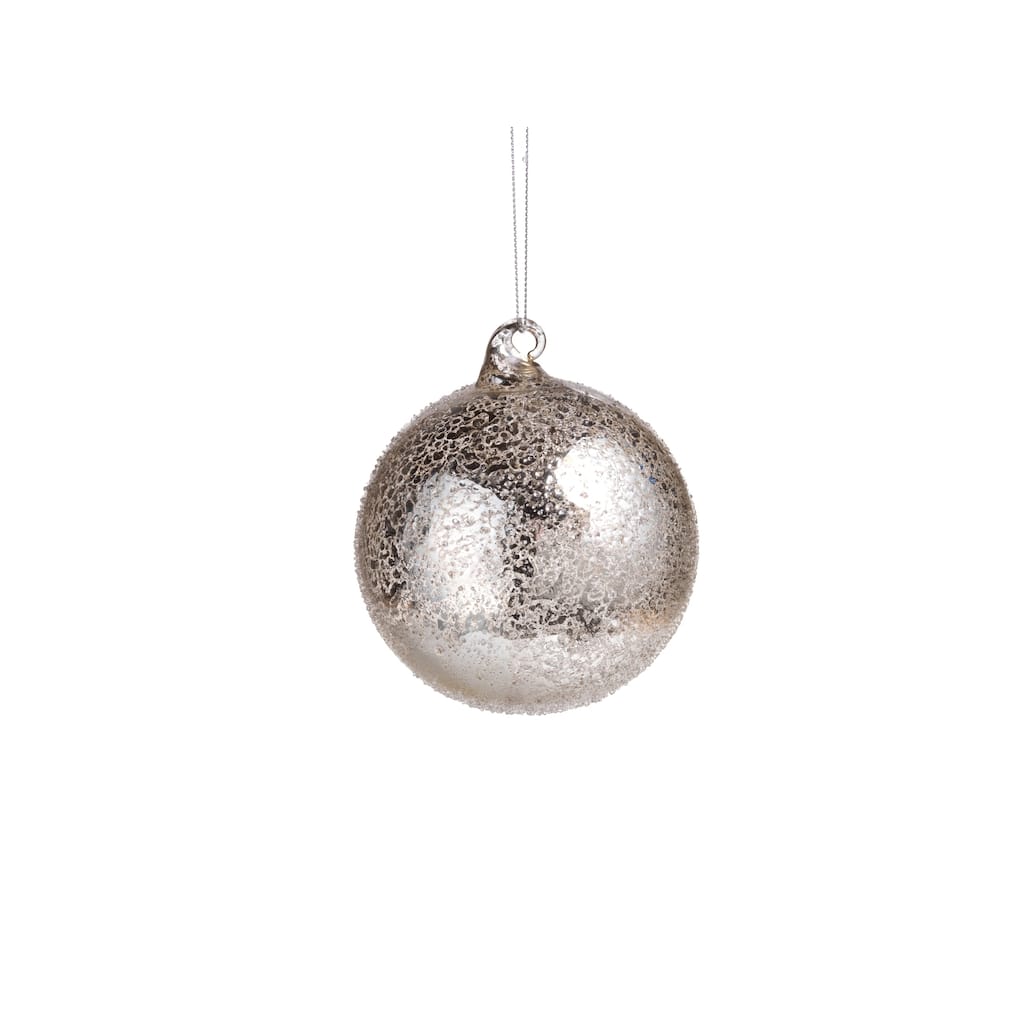 4" Tall Glass Antique Round Christmas Ornament, Silver (Set of 6)