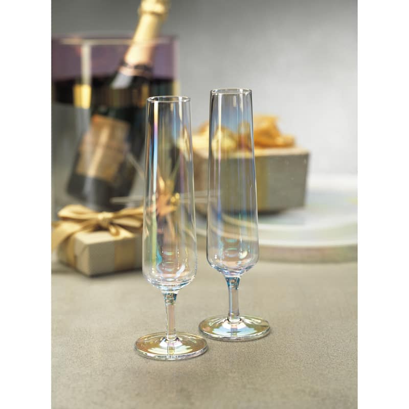 9.25" Tall Glass Festive Iridescent Champagne Flutes, Set of 6, (Set of 6)