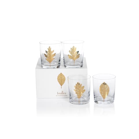 4" Tall "Feuilles" Glass Rock Glass, Clear and Gold (Set of 4)