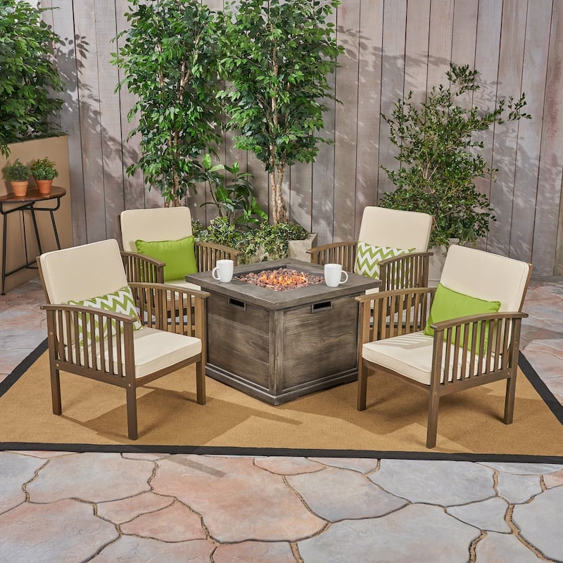 Carolina Outdoor 4-Seater Acacia Wood Club Chairs with Firepit by Christopher Knight Home