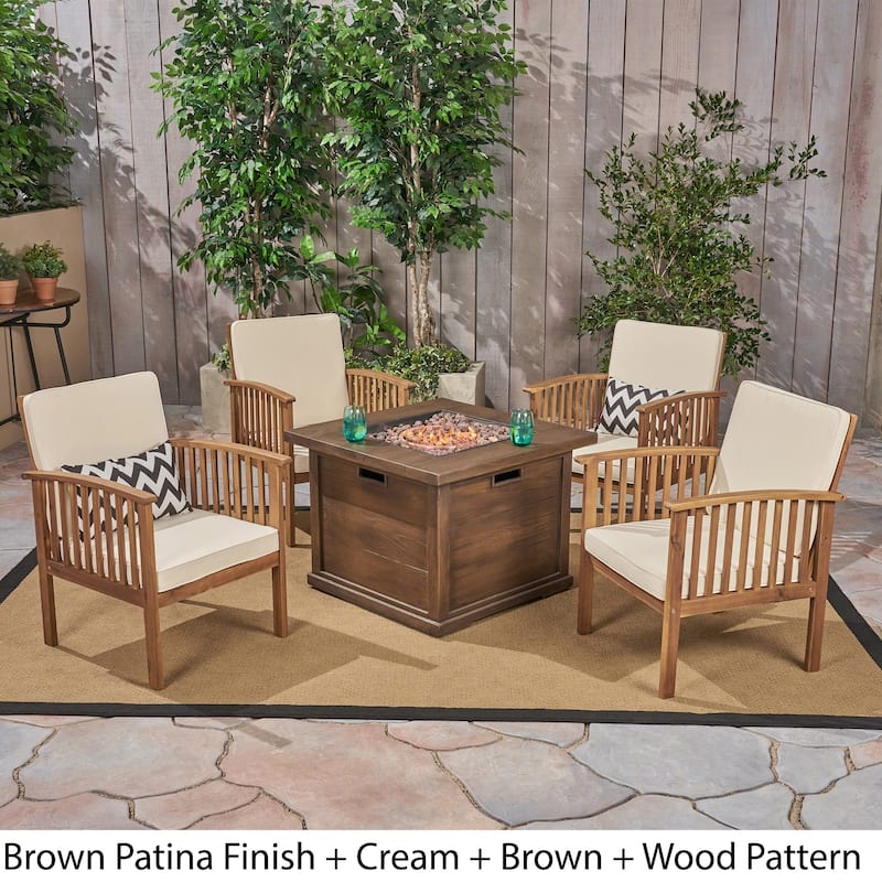 Carolina Outdoor 4-Seater Acacia Wood Club Chairs with Firepit by Christopher Knight Home