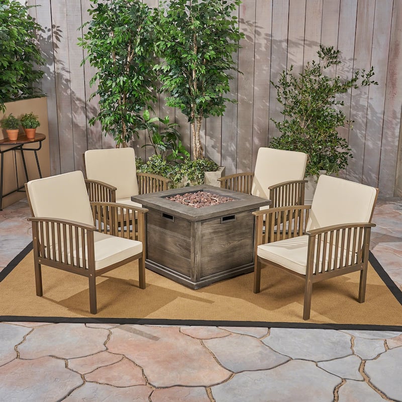 Carolina Outdoor 4-Seater Acacia Wood Club Chairs with Firepit by Christopher Knight Home - gray finish + brown + cream cushion