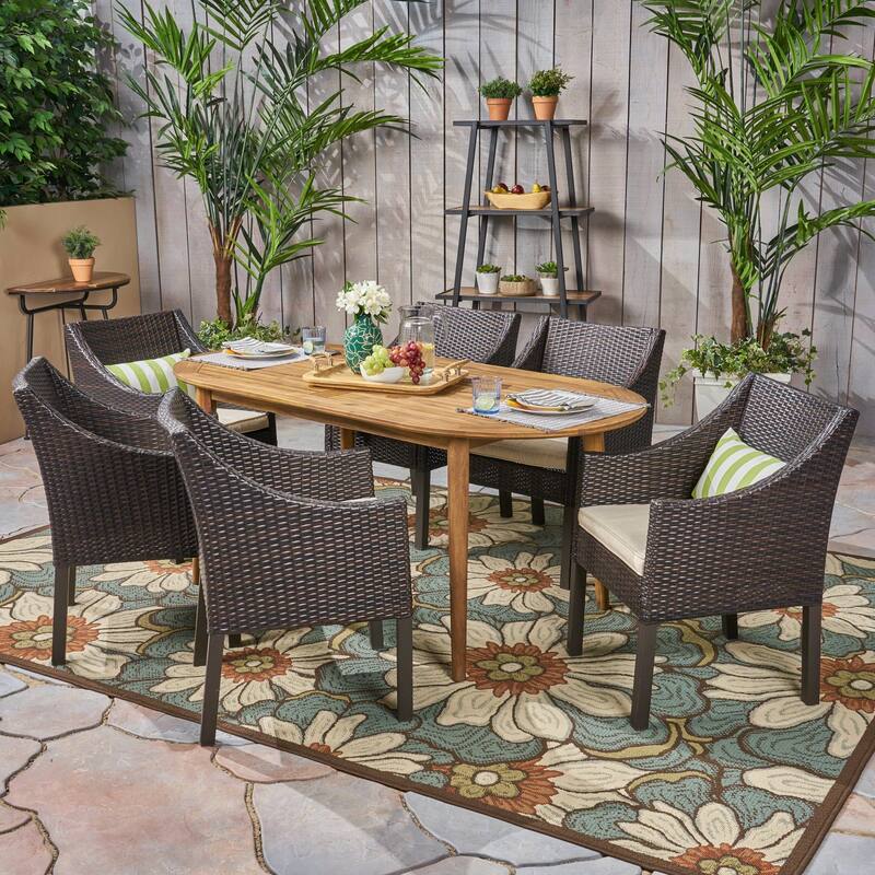Stamford Outdoor 7-Piece Acacia Wood Dining Set with Wicker Chairs by Christopher Knight Home - Teak  + Multi Brown + Beige Cushion