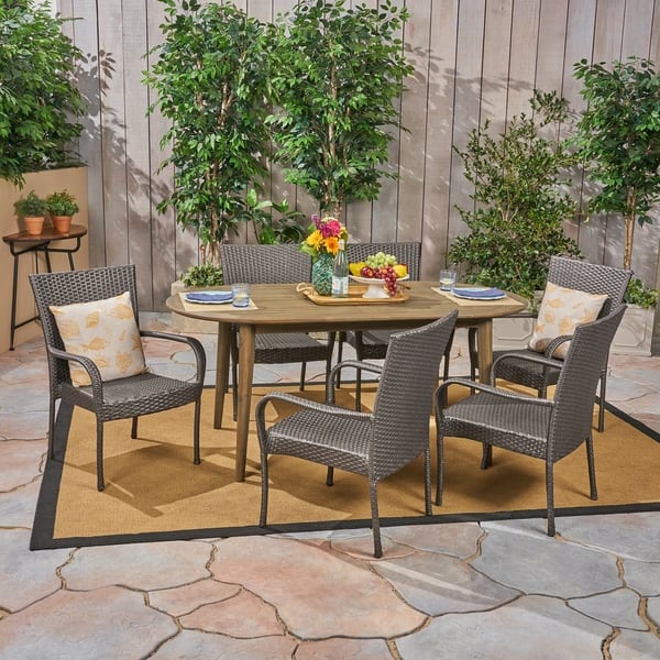 Elderon Outdoor 7 Piece Acacia Wood Dining Set with Stacking Wicker ...