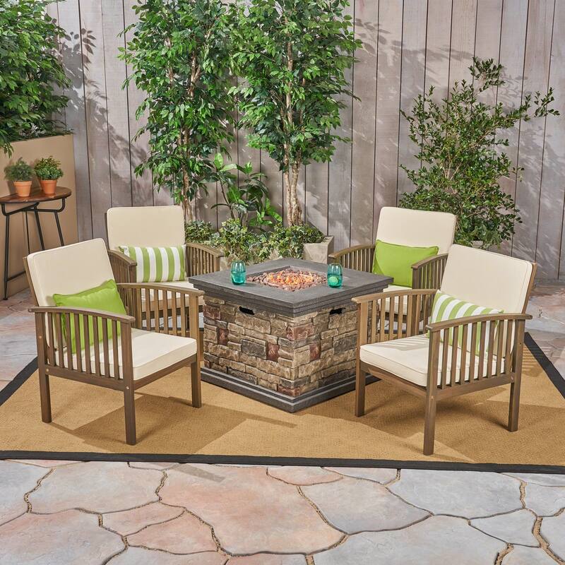 Carolina Outdoor 4-Seater Acacia Wood Club Chairs with Firepit by Christopher Knight Home - gray finish + brown + cream cushion