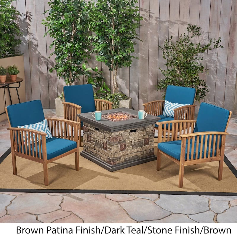 Carolina Outdoor 4-Seater Acacia Wood Club Chairs with Firepit by Christopher Knight Home