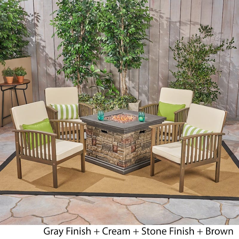 Carolina Outdoor 4-Seater Acacia Wood Club Chairs with Firepit by Christopher Knight Home