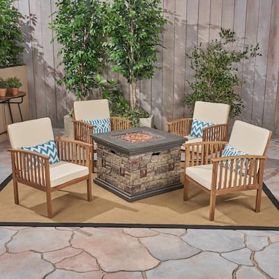 Carolina Outdoor 4-Seater Acacia Wood Club Chairs with Firepit by Christopher Knight Home