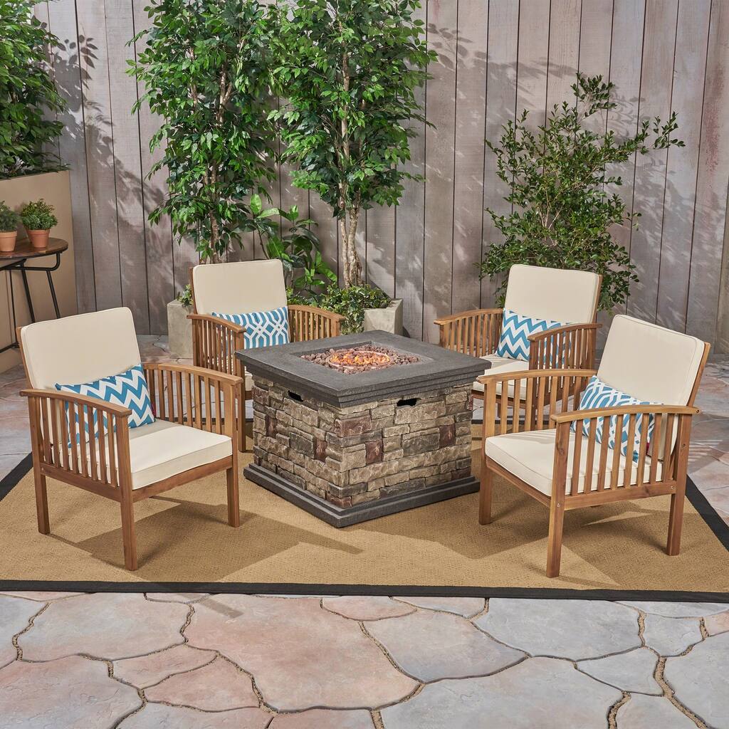 Carolina Outdoor 4-Seater Acacia Wood Club Chairs with Firepit by Christopher Knight Home