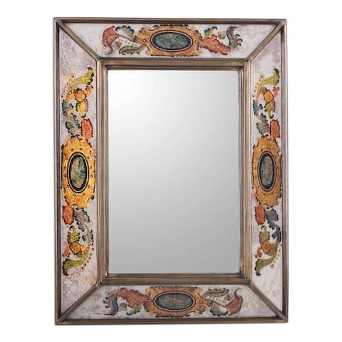 Handmade Ivory Floral Medallions Reverse Painted Glass Wall Mirror (Peru) - Multi