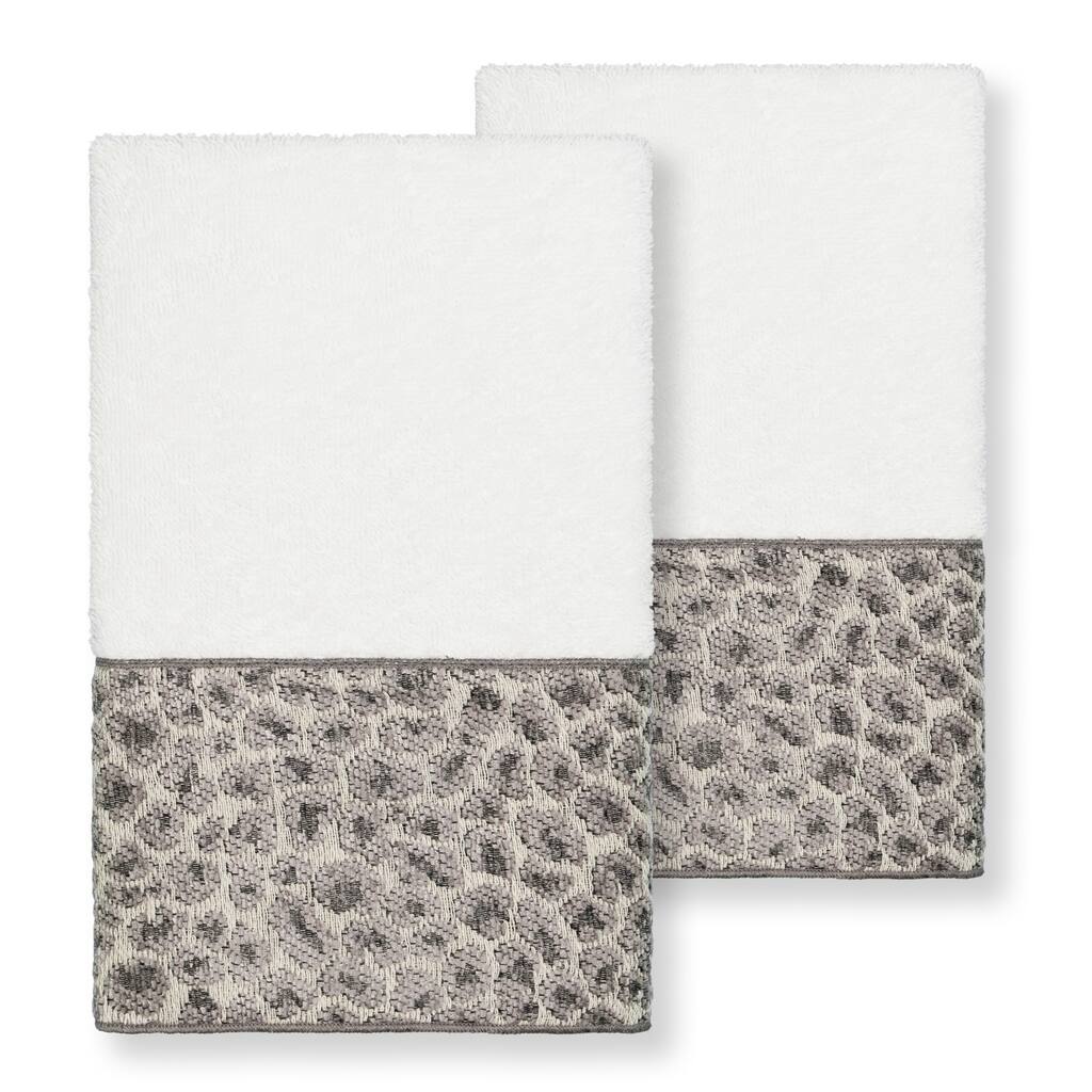 Authentic Hotel and Spa Turkish Cotton Cheetah Jacquard Trim White 2-piece Hand Towel Set