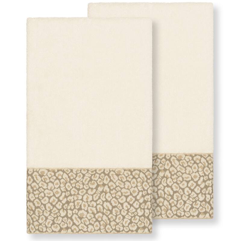 Authentic Hotel and Spa Turkish Cotton Cheetah Jacquard Trim Cream 2-piece Bath Towel Set