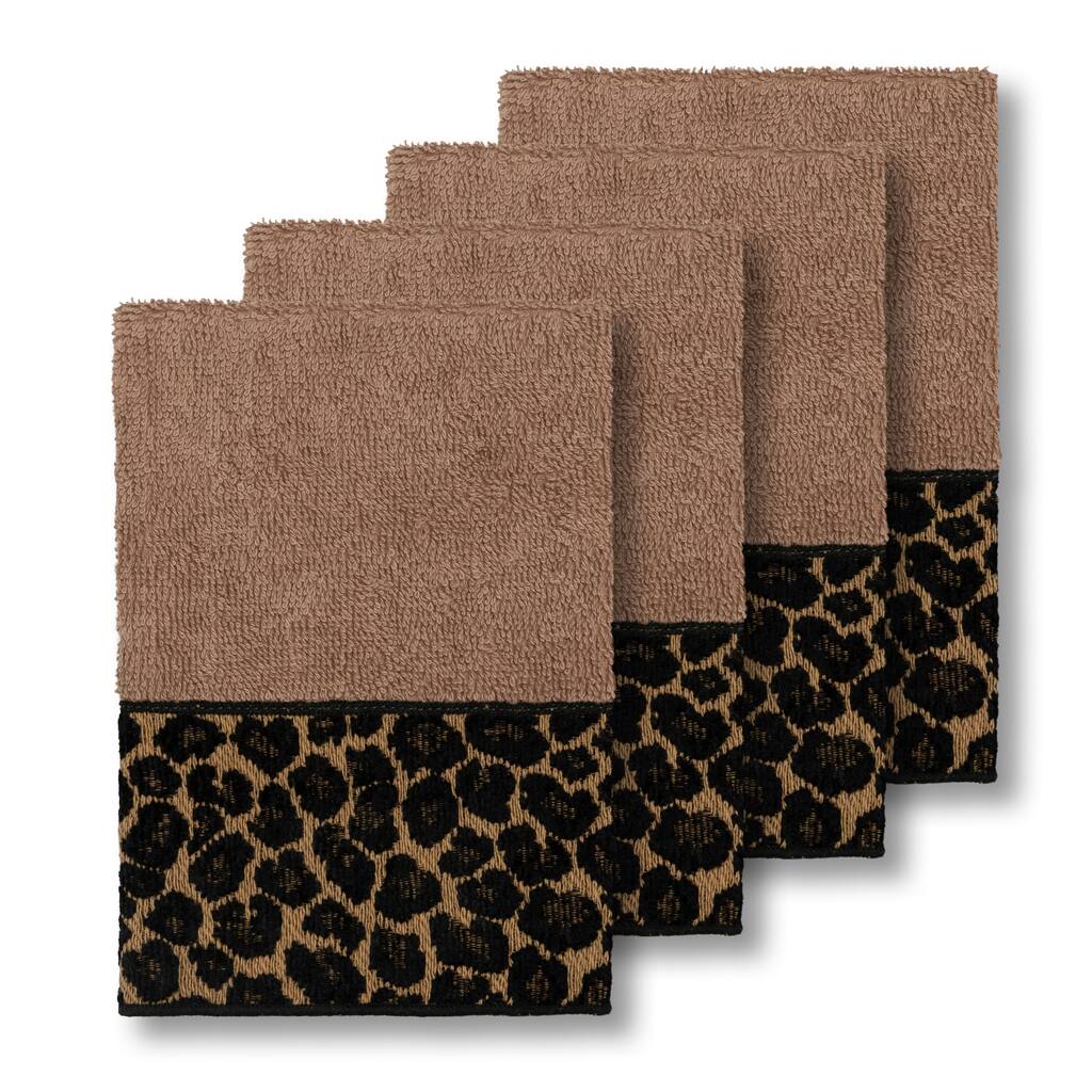 Authentic Hotel and Spa Turkish Cotton Cheetah Jacquard Trim Latte Brown 4-piece Washcloth Set