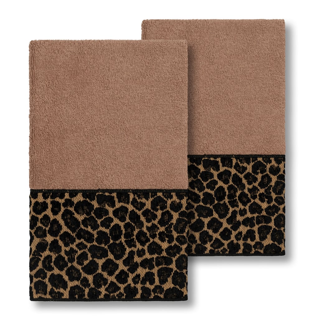 Authentic Hotel and Spa Turkish Cotton Cheetah Jacquard Trim Latte Brown 2-piece Hand Towel Set