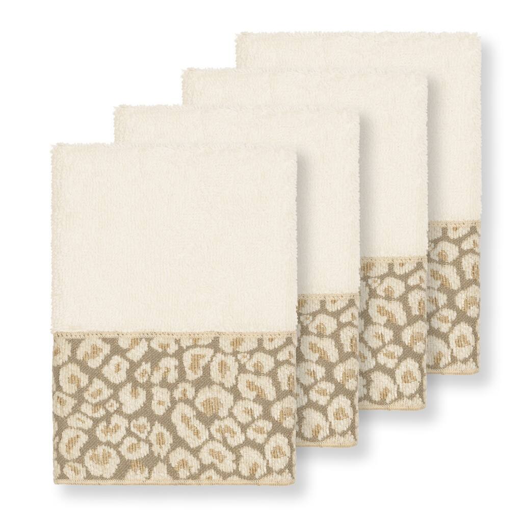 Authentic Hotel and Spa Turkish Cotton Cheetah Jacquard Trim Cream 4-piece Washcloth Set